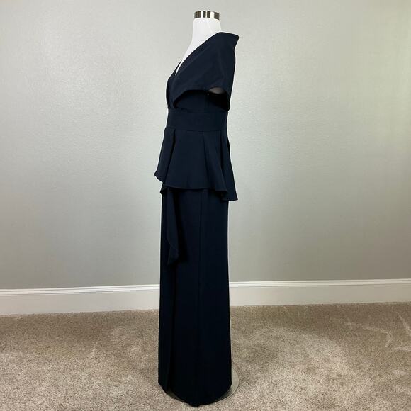 Aidan Mattox Shawl Collar A-Line Evening Gown Blue Size 4 Ruffled Thigh Slit - Picture 3 of 13